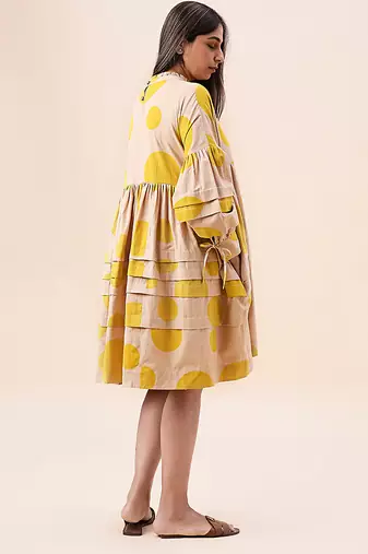 Yellow printed cotton polka short dress