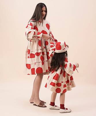 Red printed cotton polka short dress 1