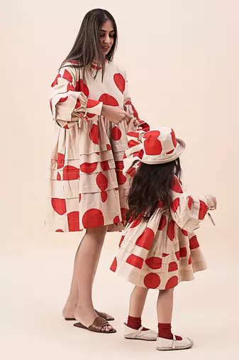 Red printed cotton polka short dress