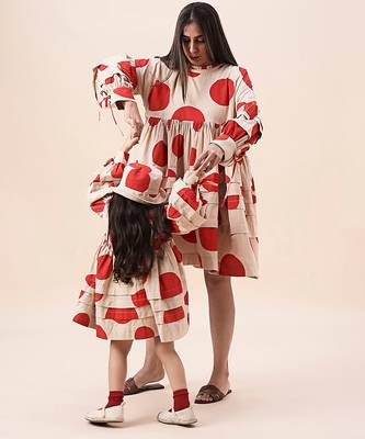 Red printed cotton polka short dress 2