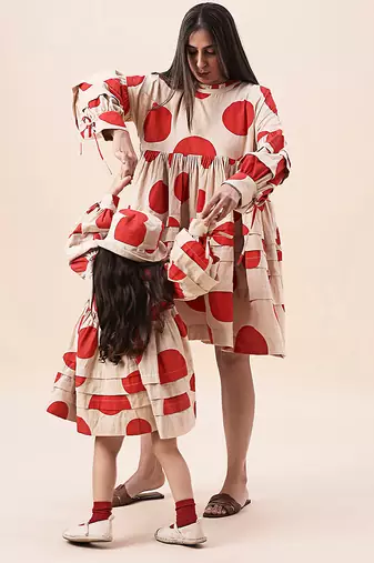 Red printed cotton polka short dress