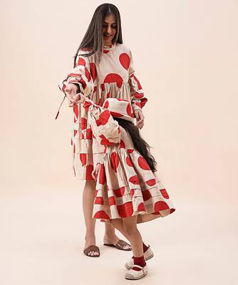 Red printed cotton polka short dress 4