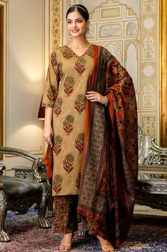 dark-yellow embroidered cotton kurta pant with dupatta