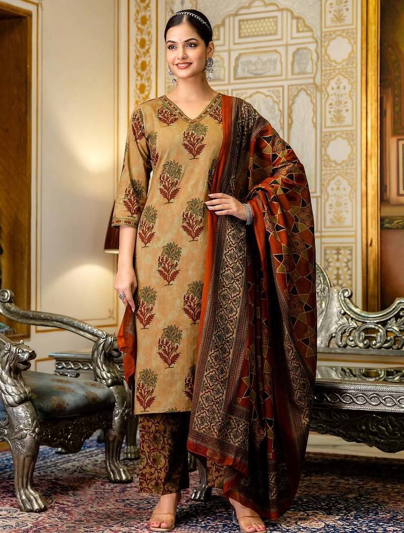 dark-yellow embroidered cotton kurta pant with dupatta