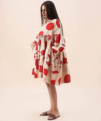 Red printed cotton polka short dress 5
