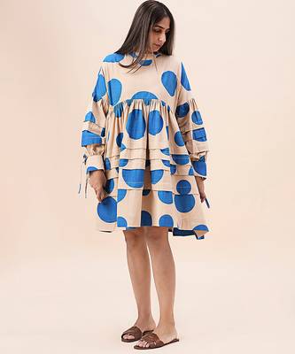 Blue printed cotton polka short dress 1