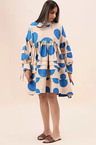 Blue printed cotton polka short dress