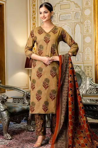 dark-yellow embroidered cotton kurta pant with dupatta
