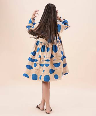 Blue printed cotton polka short dress 2