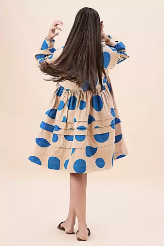 Blue printed cotton polka short dress