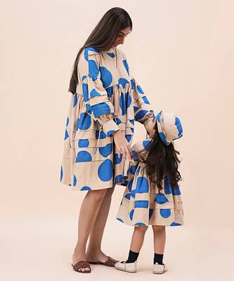 Blue printed cotton polka short dress 3