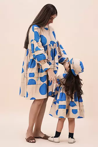 Blue printed cotton polka short dress