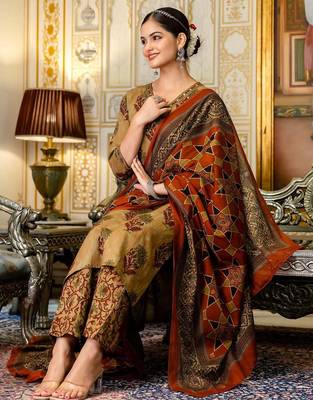 dark-yellow embroidered cotton kurta pant with dupatta 3