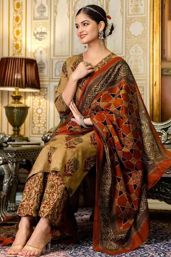 dark-yellow embroidered cotton kurta pant with dupatta