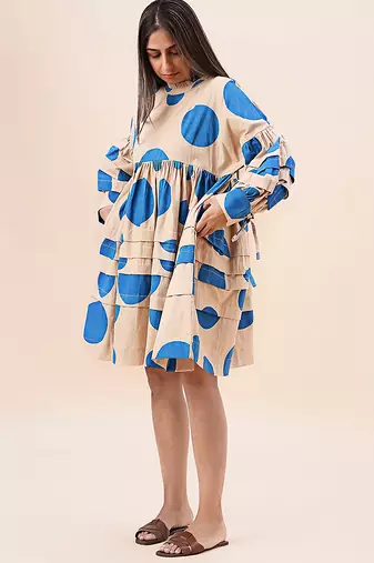 Blue printed cotton polka short dress