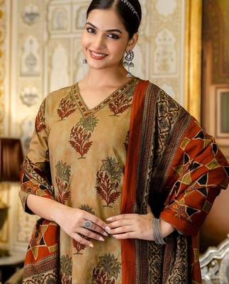 dark-yellow embroidered cotton kurta pant with dupatta 4
