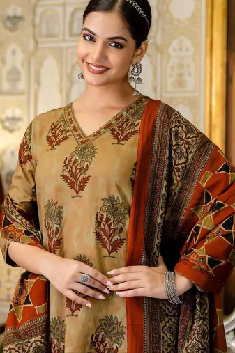 dark-yellow embroidered cotton kurta pant with dupatta