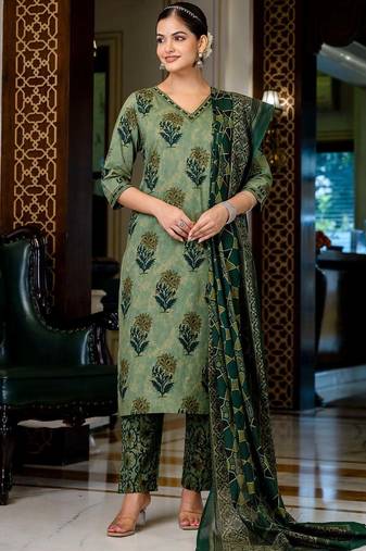 green embroidered cotton kurta pant with dupatta