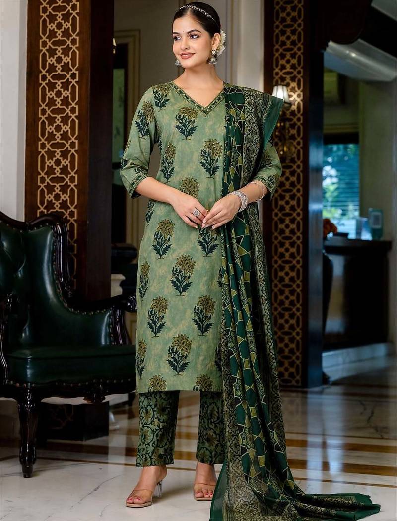 green embroidered cotton kurta pant with dupatta