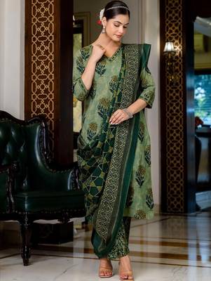 green embroidered cotton kurta pant with dupatta 2