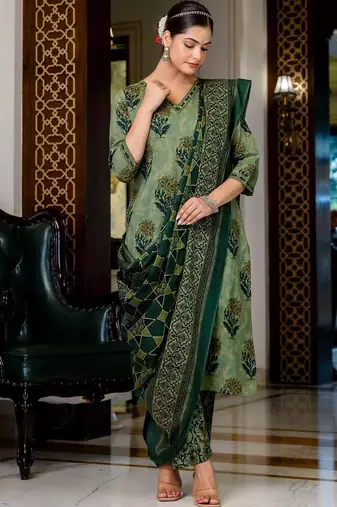 green embroidered cotton kurta pant with dupatta