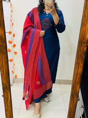 blue embroidered cotton kurta pant with dupatta 1