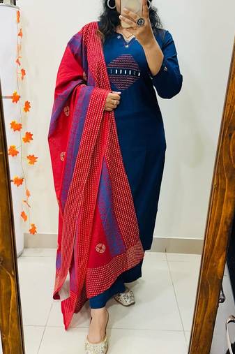 blue embroidered cotton kurta pant with dupatta