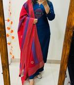 blue embroidered cotton kurta pant with dupatta