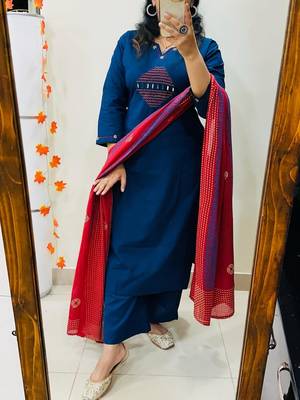 blue embroidered cotton kurta pant with dupatta 2