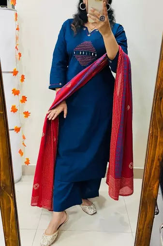blue embroidered cotton kurta pant with dupatta