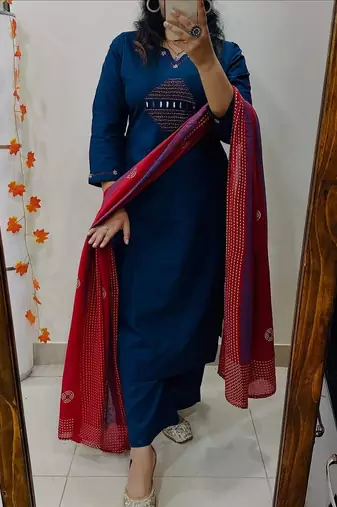 blue embroidered cotton kurta pant with dupatta