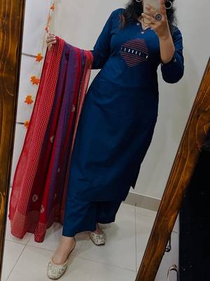 blue embroidered cotton kurta pant with dupatta 4