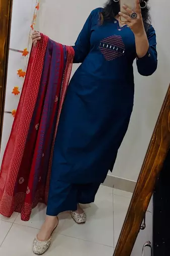 blue embroidered cotton kurta pant with dupatta