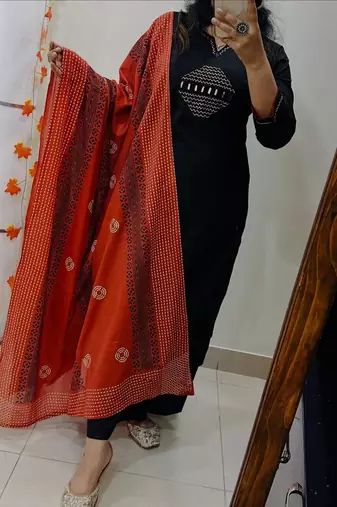 black embroidered cotton kurta pant with dupatta