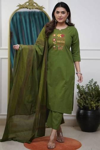 green embroidered cotton kurta pant with dupatta
