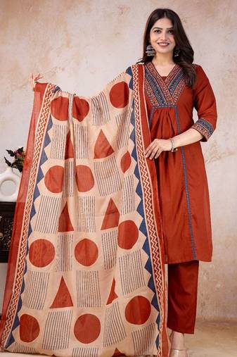 red printed cotton kurta pant with dupatta