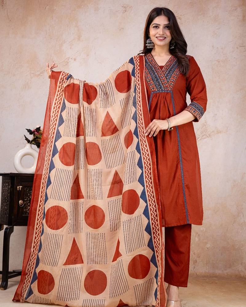 red printed cotton kurta pant with dupatta