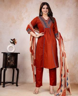 red printed cotton kurta pant with dupatta 2