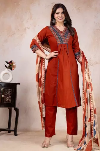 red printed cotton kurta pant with dupatta