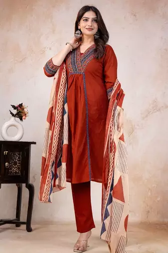 red printed cotton kurta pant with dupatta