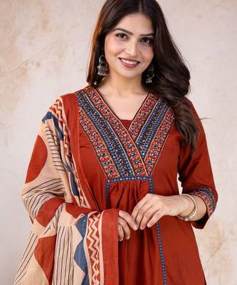 red printed cotton kurta pant with dupatta 4