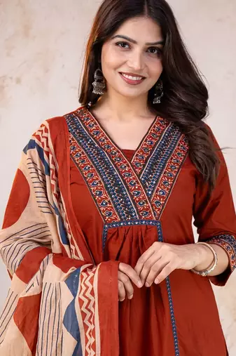 red printed cotton kurta pant with dupatta