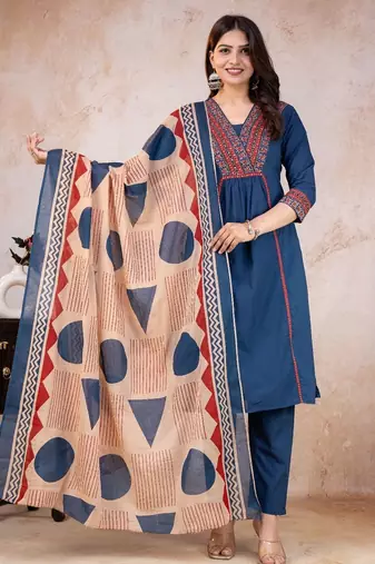 blue printed cotton kurta pant with dupatta