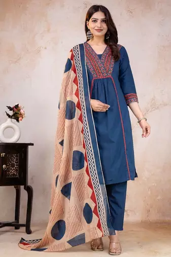 blue printed cotton kurta pant with dupatta