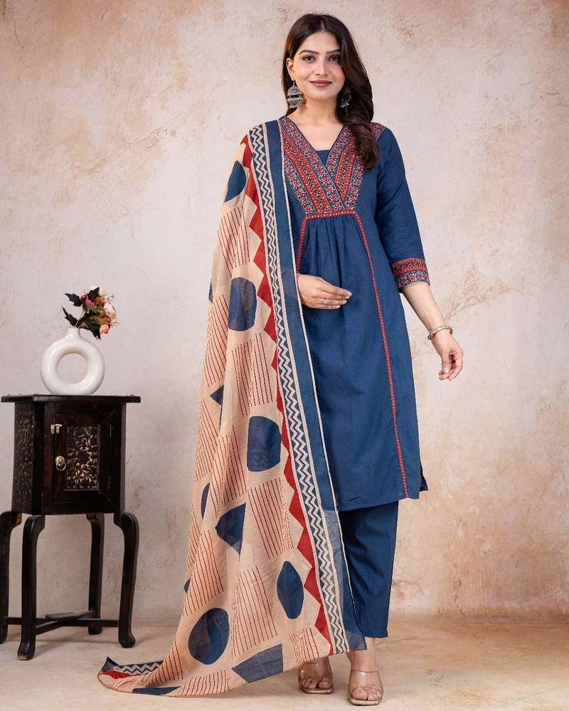 blue printed cotton kurta pant with dupatta