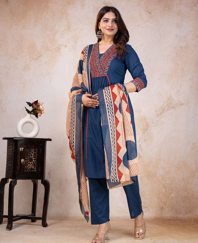 blue printed cotton kurta pant with dupatta