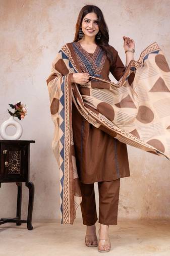 brown printed cotton kurta pant with dupatta