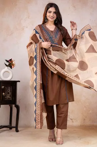 brown printed cotton kurta pant with dupatta