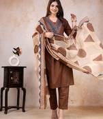 brown printed cotton kurta pant with dupatta