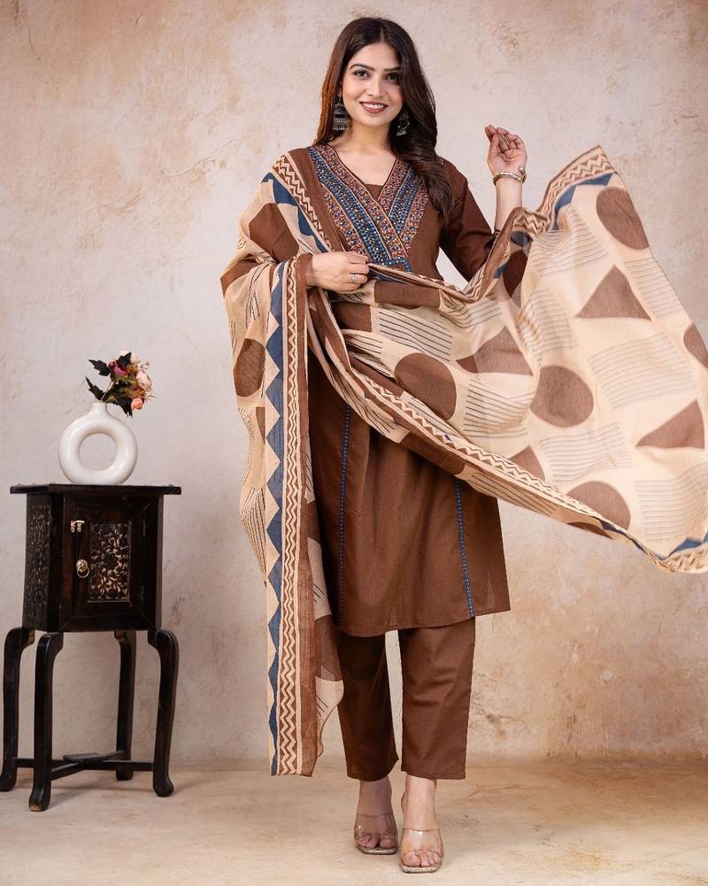 brown printed cotton kurta pant with dupatta